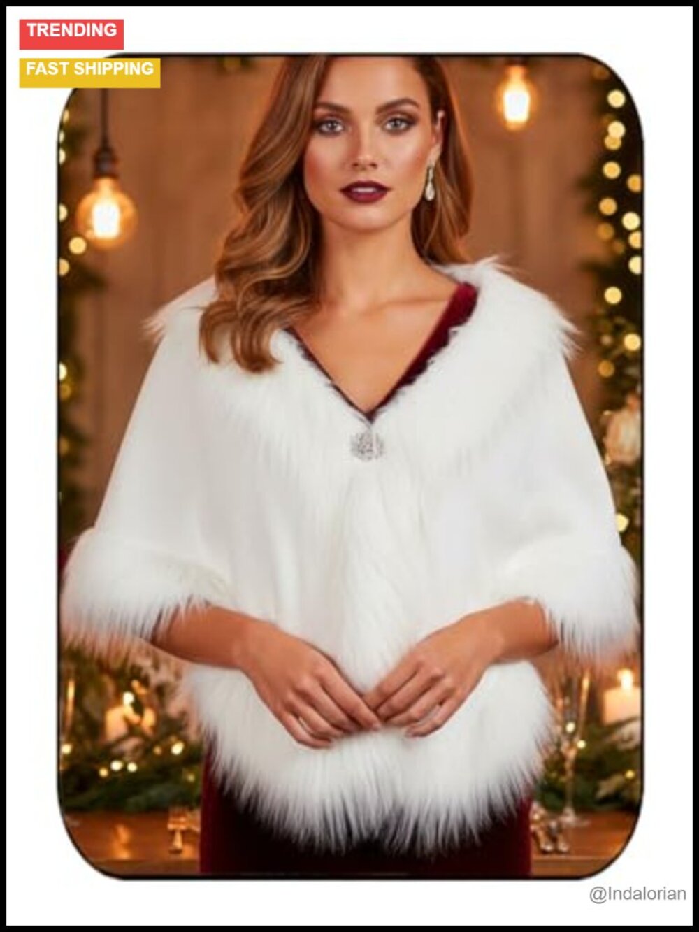 Faux Fur Wedding Shawl Wrap with Rhinestones Brooch
